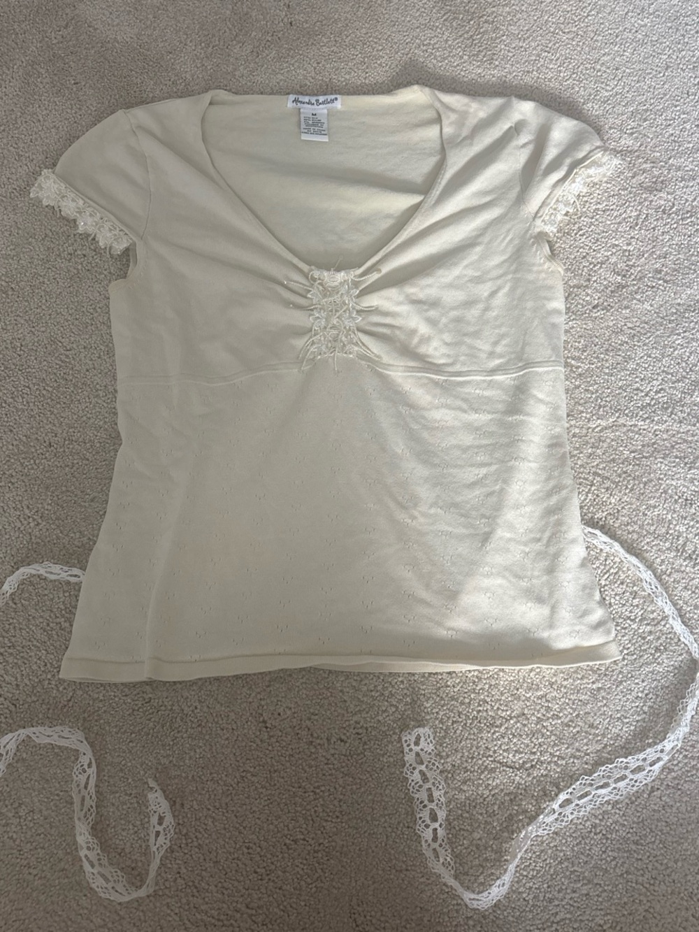 Alexandra Bartlett Cream Lace-Trim V-Neck Top